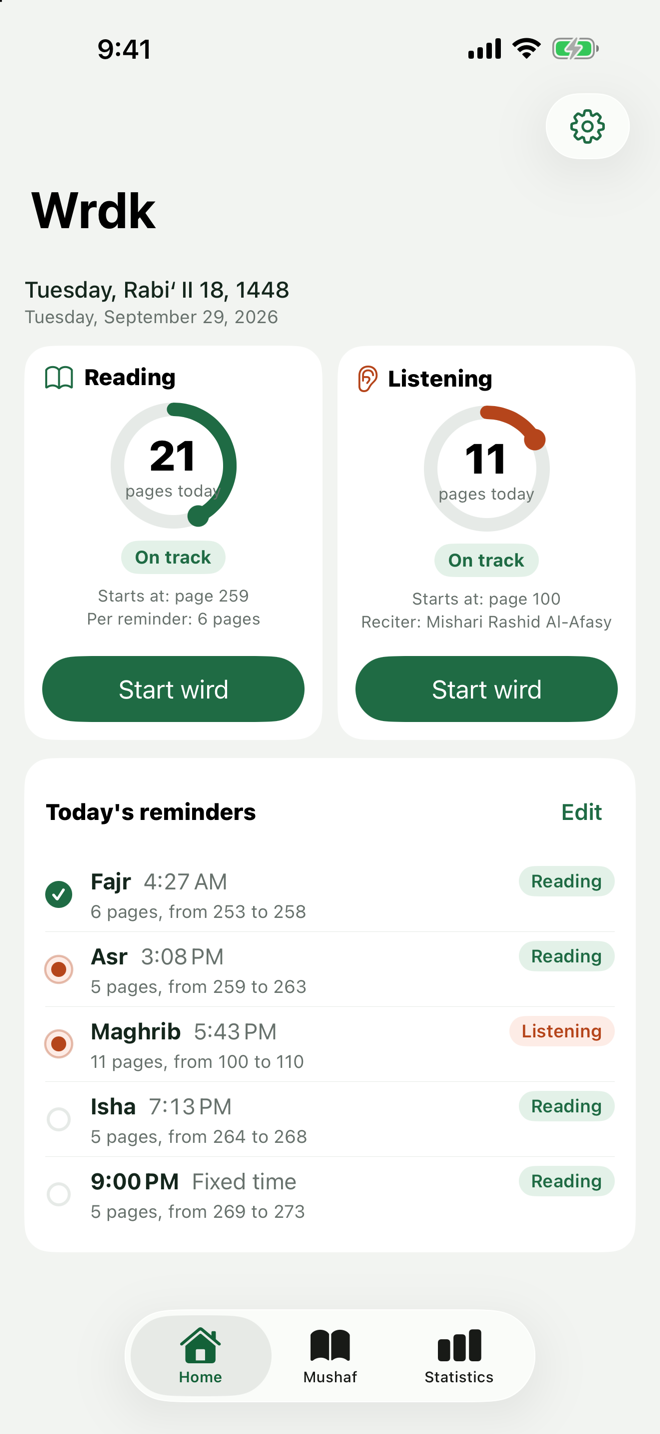 Home: reading and listening cards with progress rings, and today's reminders after prayers.