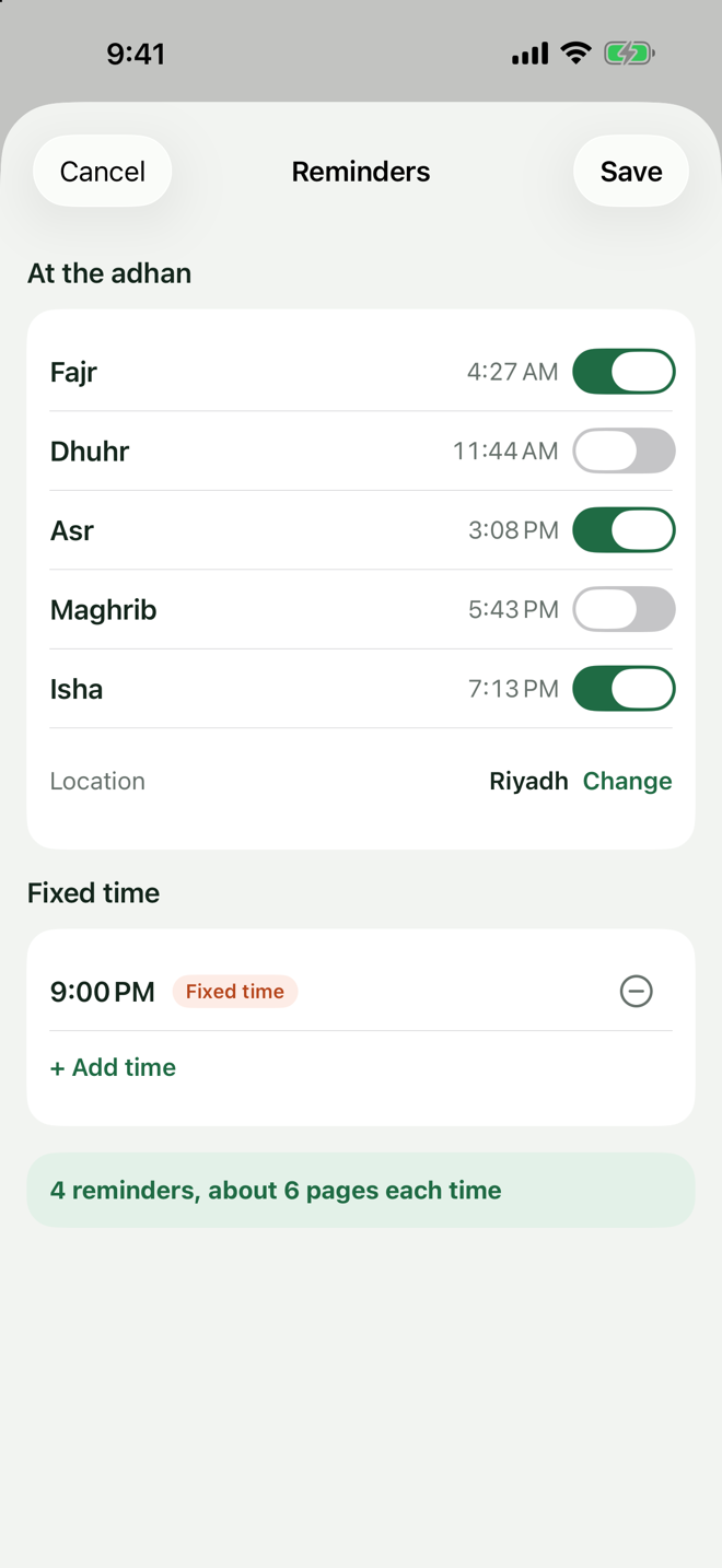 The reminders editor: the five prayers with their times and switches, the location, a fixed time, and the pages per reminder.